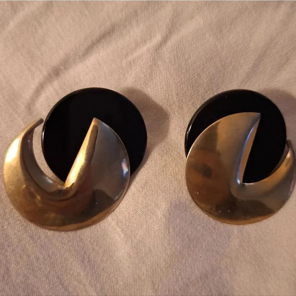 Gold Tone and Black Circular Earrings